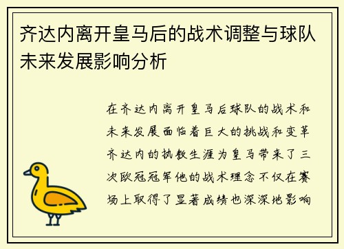 齐达内离开皇马后的战术调整与球队未来发展影响分析
